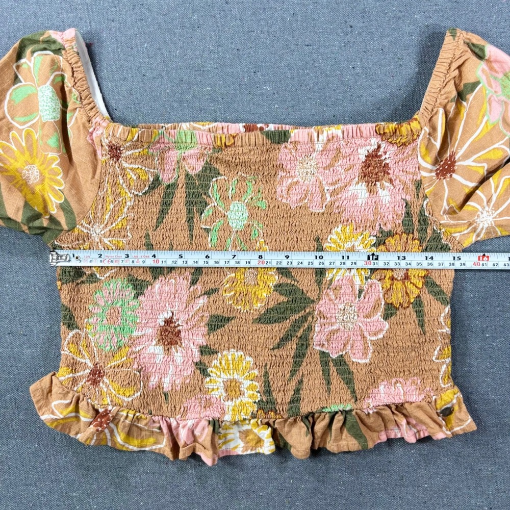 Roxy Crop Top Women Large Tan Floral Smocked Off Shoulder Ruffle Hem Long Sleeve - Picture 5 of 7